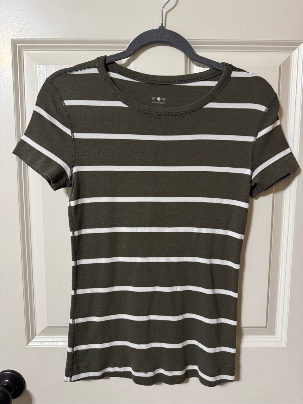 Three Dots Olive & White Striped Short Sleeve Tee